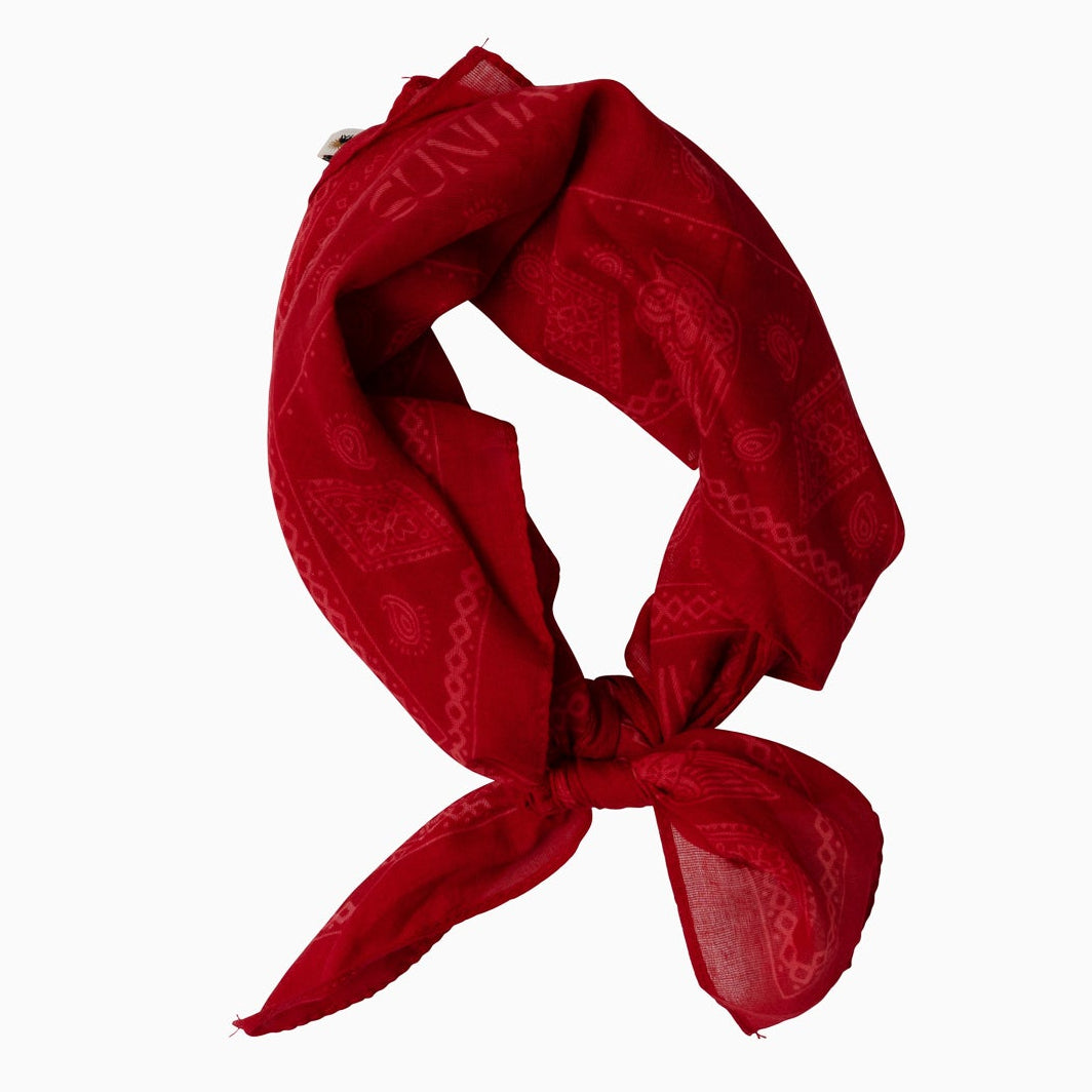 Red bandana with intricate patterns on a white background