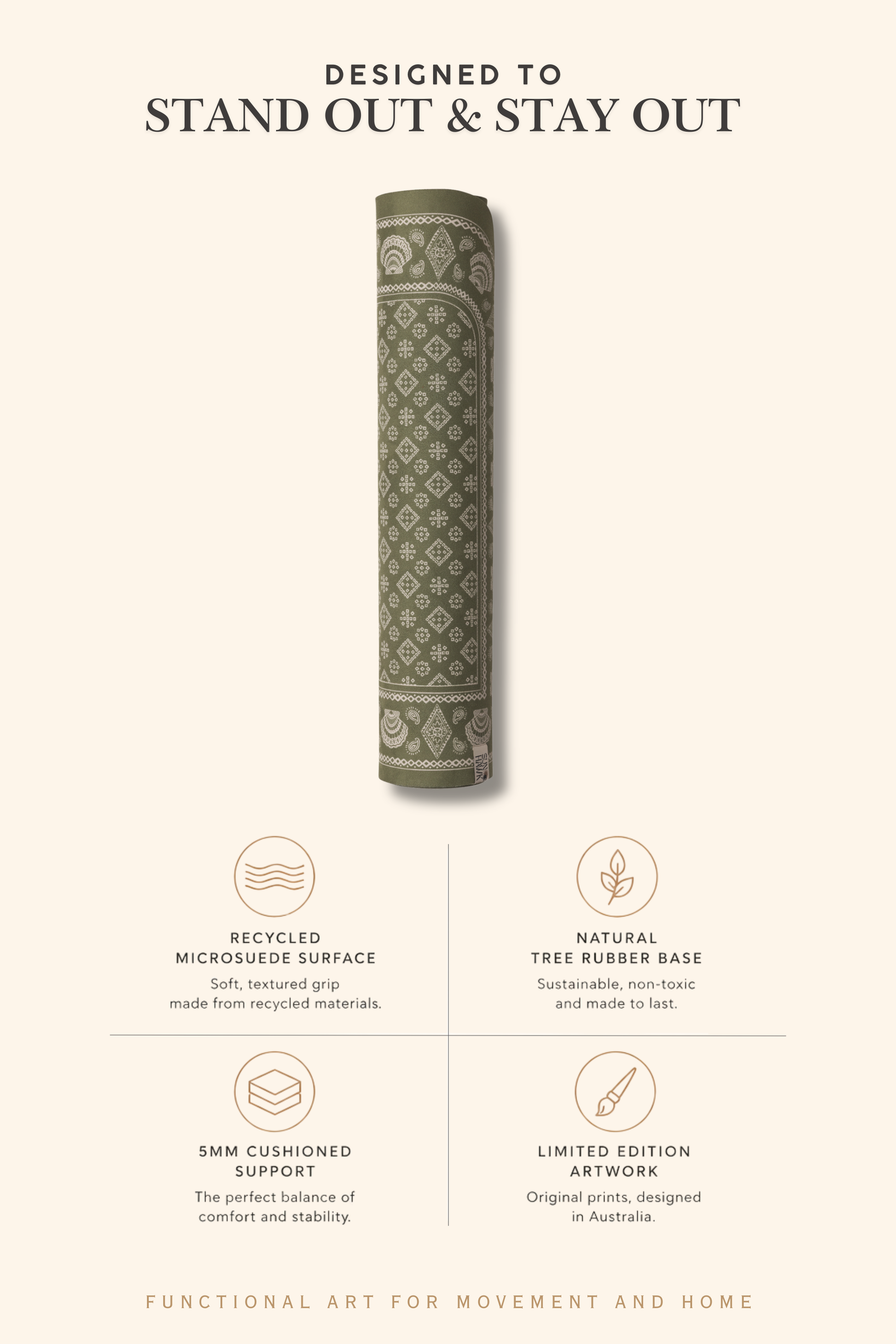 Yoga mat with decorative pattern on a beige background, featuring text about its features.