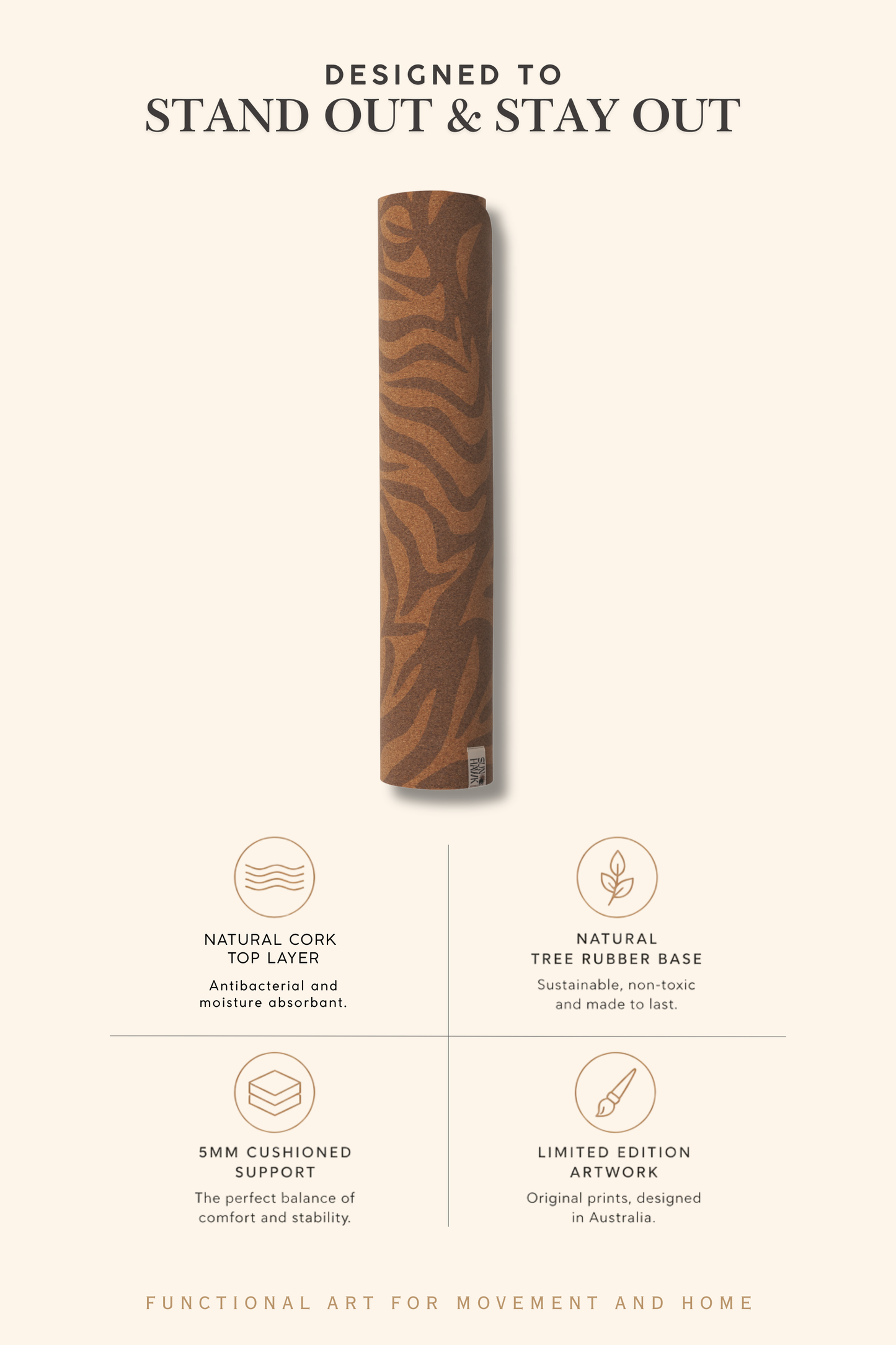 rolled cork yoga mat with tonal all over print design and text about the features