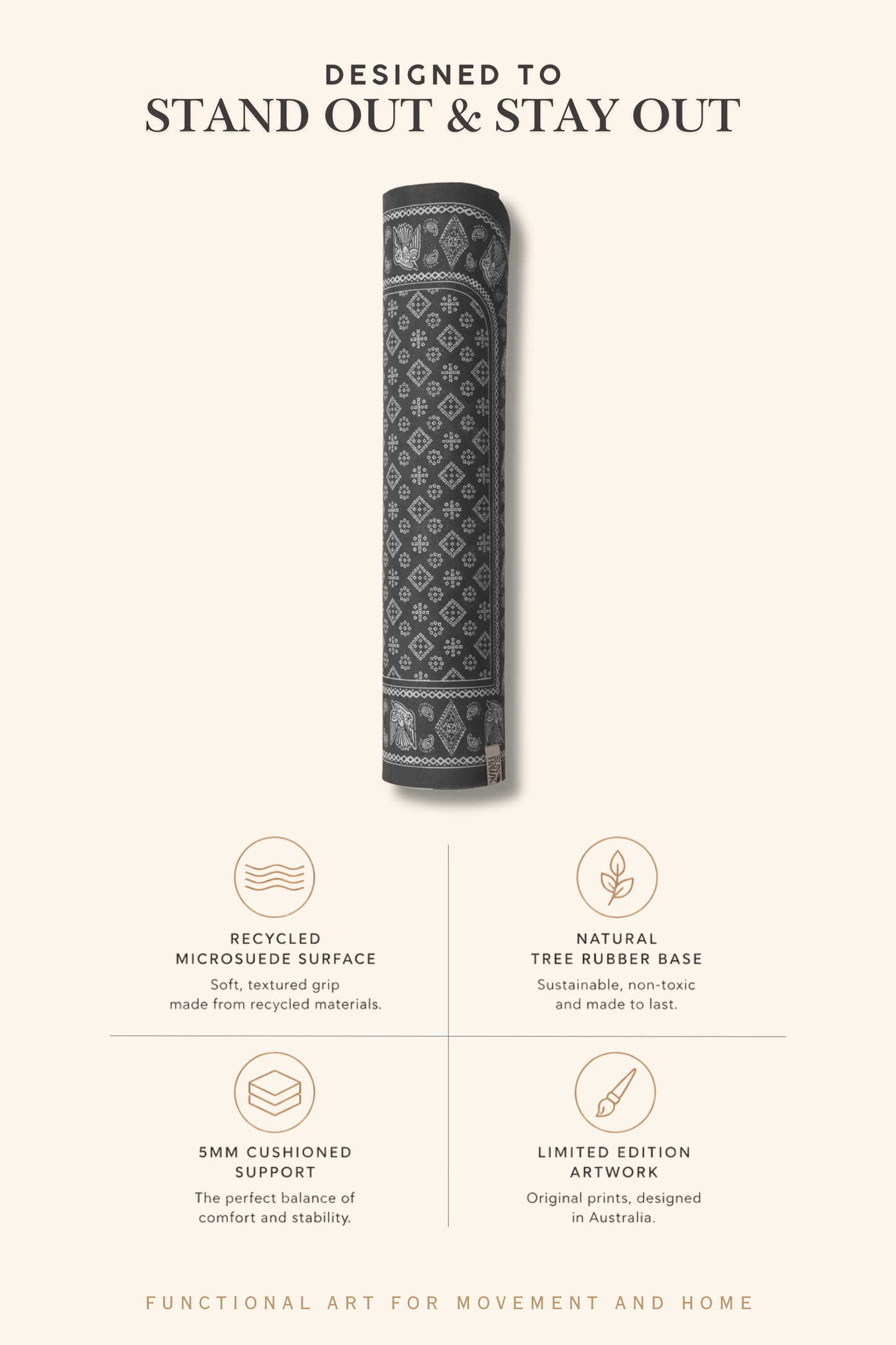 Yoga mat with design and text about its features on a beige background
