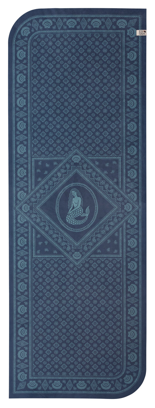 Blue textured travel yoga mat with a central mermaid design and brand logo at the top right corner