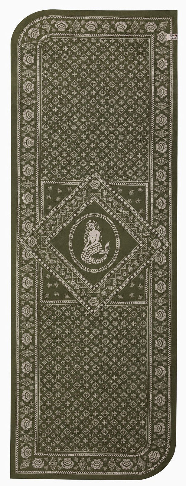 Sunhawk yoga at with mermaid and shell art print in cream on kelp green colour.