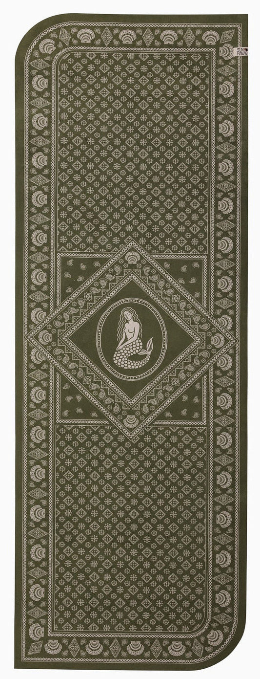 Sunhawk yoga at with mermaid and shell art print in cream on kelp green colour.