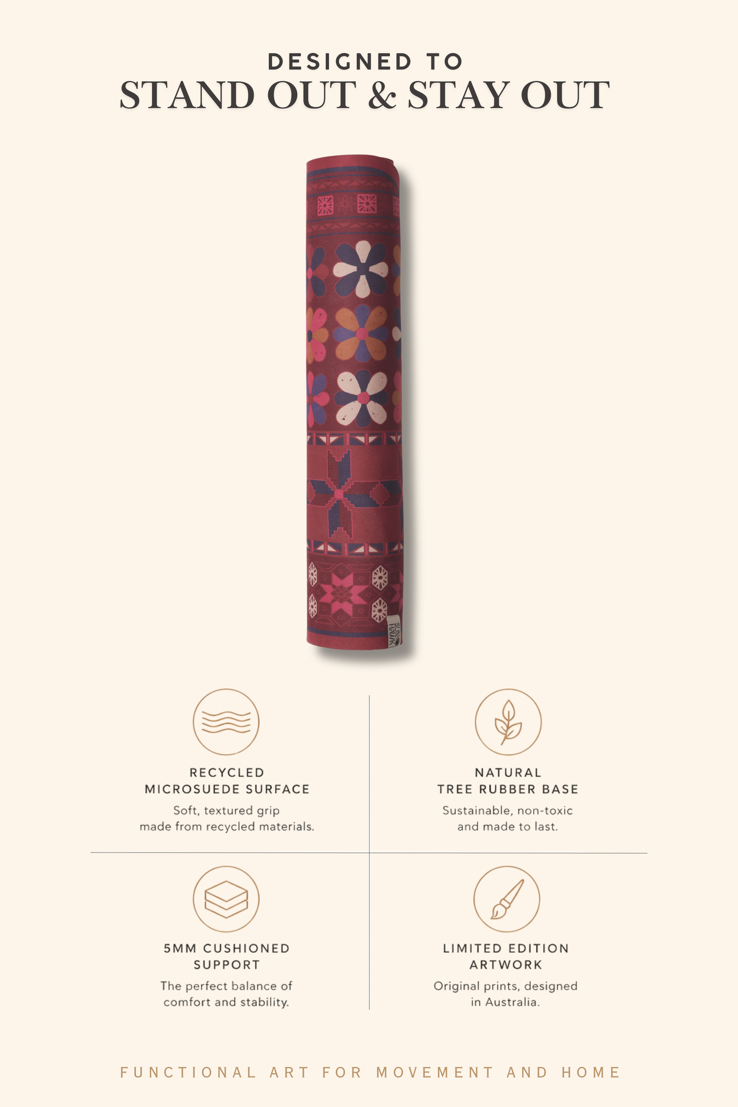 Yoga mat rolled up with floral pattern on a cream background with text about product features.