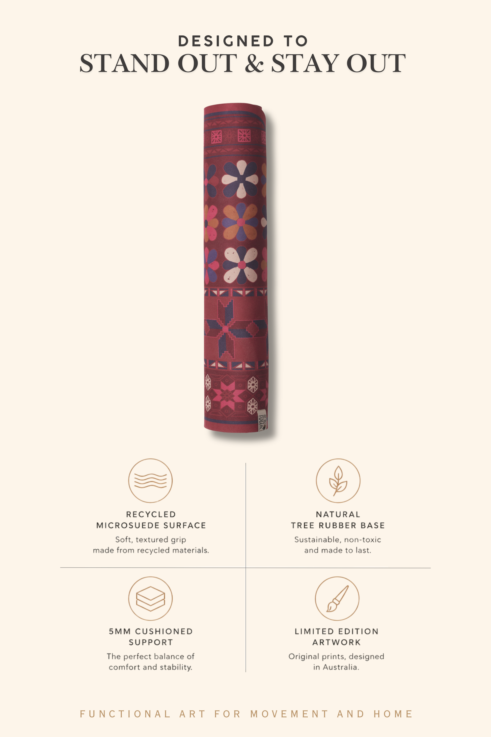 Yoga mat rolled up with floral pattern on a cream background with text about product features.