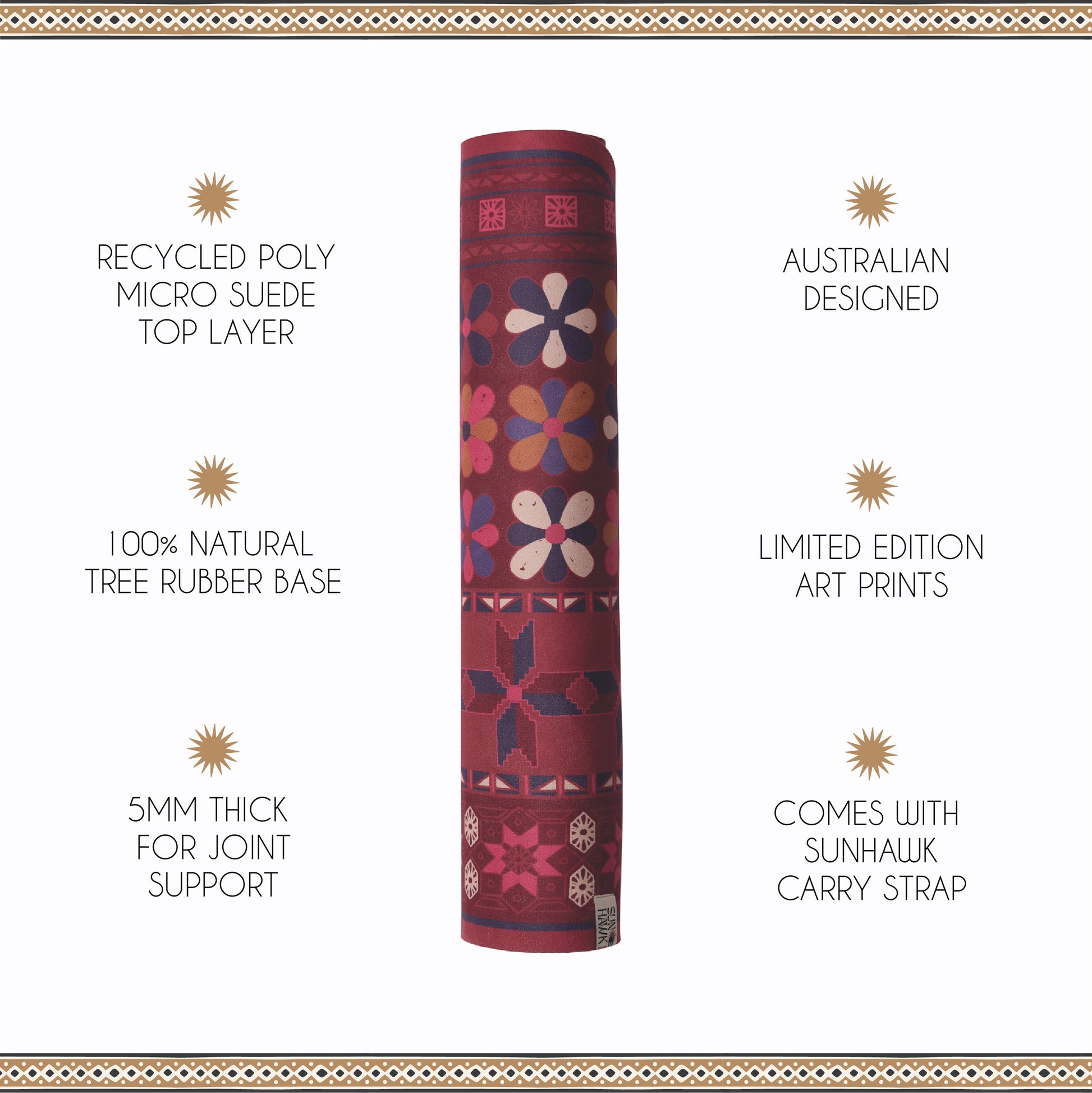 Yoga mat with patterned design on a white background, featuring text about its features.